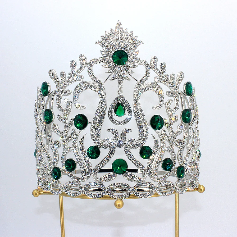 8 Inch Tall Cubic Zircon Crystal Tiara Round Pageant Crown Accessory - Image 8