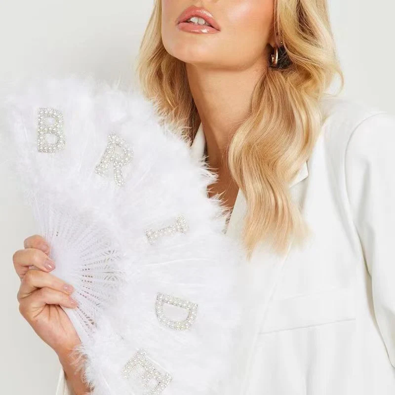 Bride Feather Fan Pearl Bride White Bridal Feather Folding Fan - Image 4