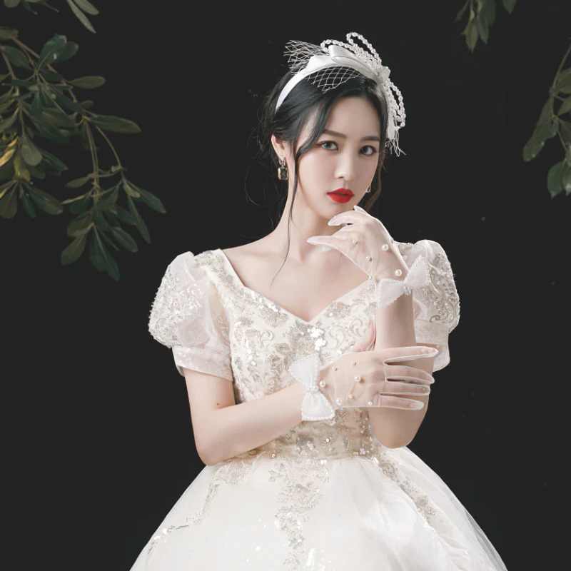 Wedding Gloves Bridal Handmade Pearl White Bow Gloves - Image 5