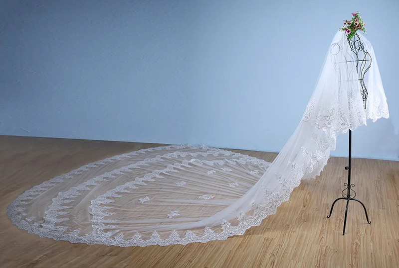 Wedding Veil Cathedral Length Three Layer Lace Edge Bridal Accessory - Image 3