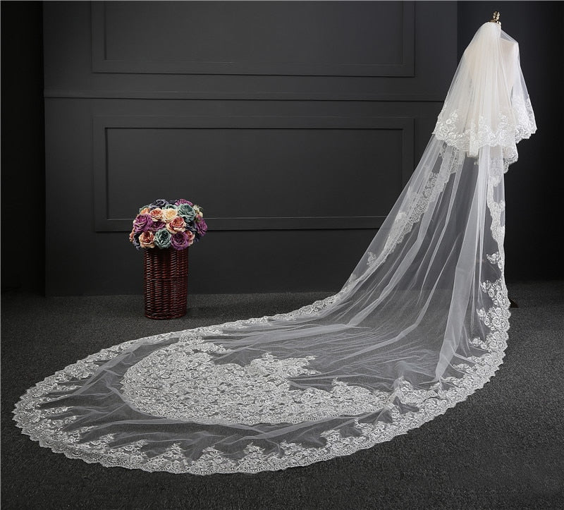 Wedding Veil Cathedral Length Two Layers Lace Edge Bridal Accessory - Image 6