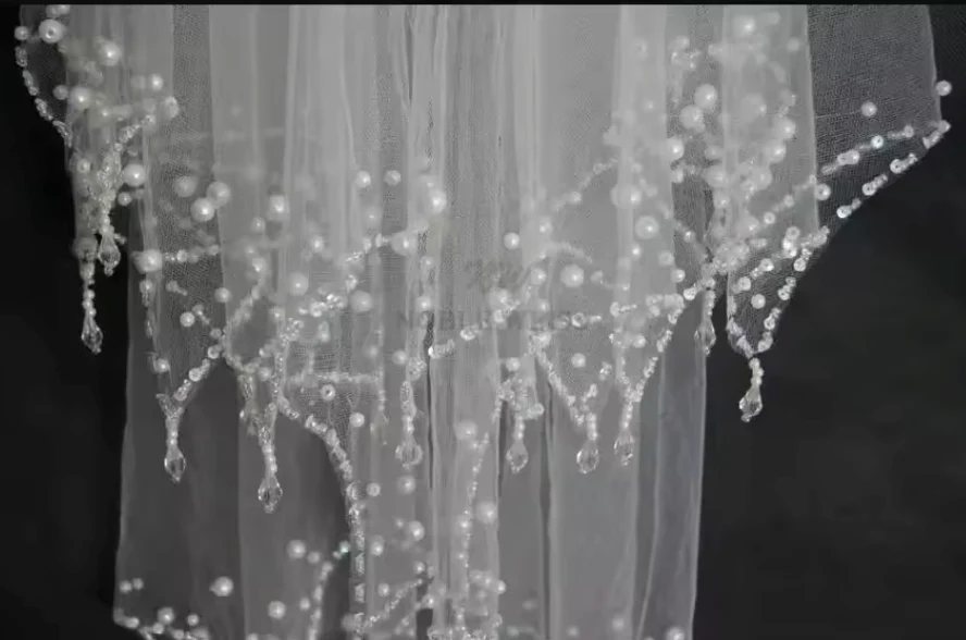 Wedding Veil Elbow Length Crystal Pearls Bead 2 Layer Bridal Accessory - Image 8