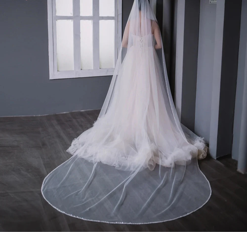 Wedding Veil  Pearl Crystals Edge Bridal Accessory Elbow Size - Image 4