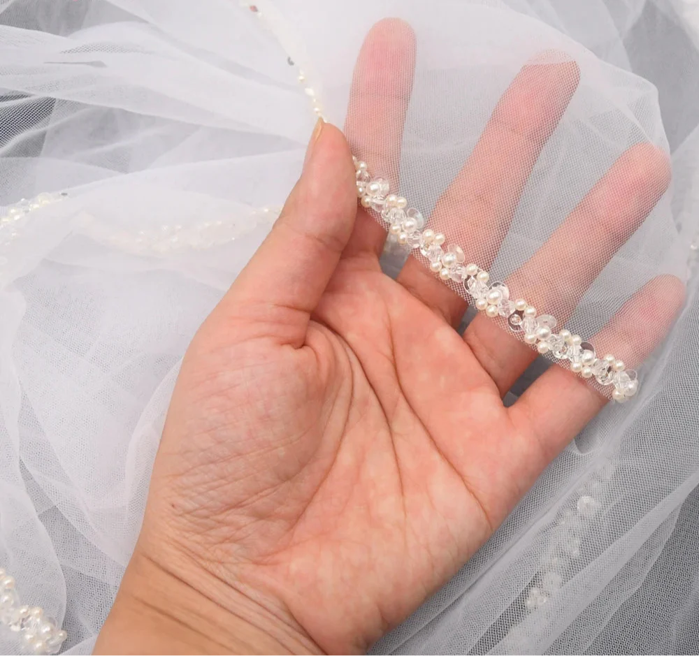 Wedding Veil  Pearl Crystals Edge Bridal Accessory Elbow Size - Image 6