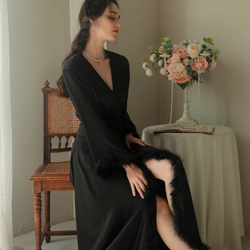 Women's Feather Satin Long Robe - Image 6