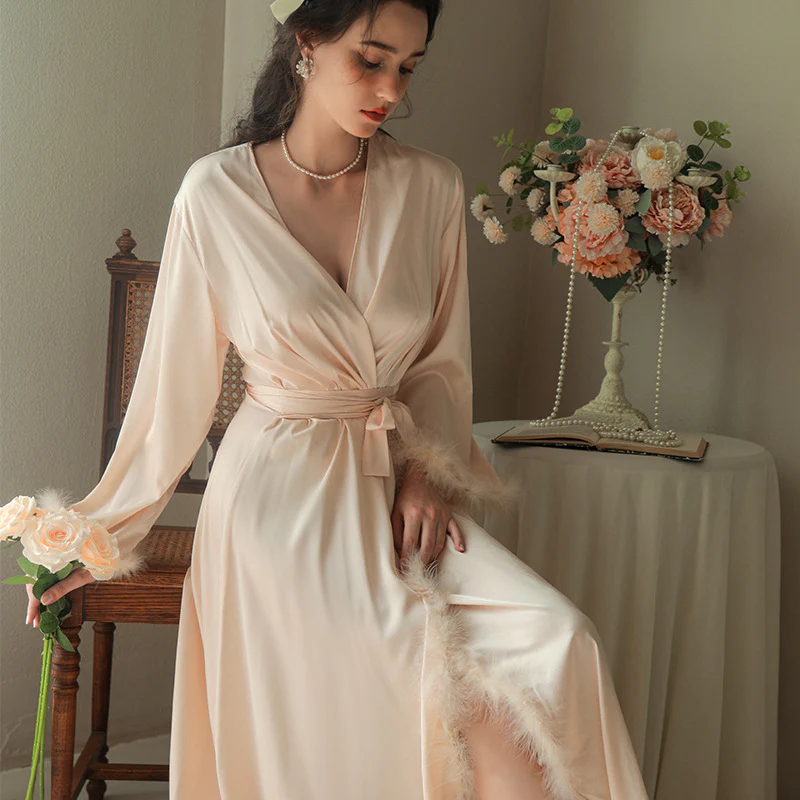 Women's Feather Satin Long Robe - Image 9